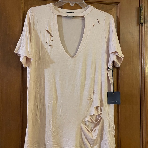 Hippie Chic Tops - Hippie Chic Jrs. Pink/Champagne Distressed Women's V-Neck Tee, NWT, Size‎ XL
